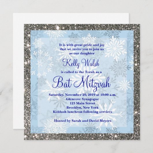Glitzer Schneeflocken Winter Bat Mitzvah Einladung (Vorne/Hinten)