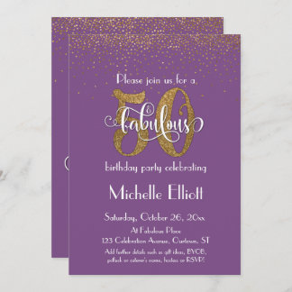 Glitzer & Script 50 & Fabulous auf Lila, Geburtsta Einladung