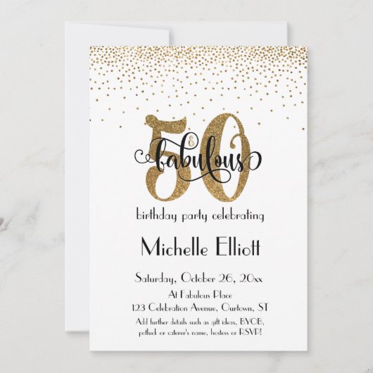 Glitzer & Script 50 & Fabulous on White, Birthday Einladung (Vorderseite)
