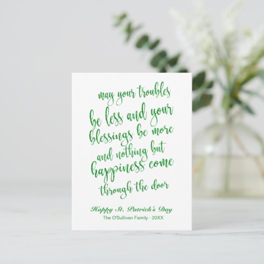 Glitzer Script Irish Blessing St. Patrick's Day Postkarte (Stehend Vorderseite)
