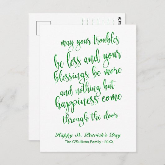 Glitzer Script Irish Blessing St. Patrick's Day Postkarte (Vorne/Hinten)