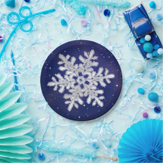 Glitzer Silber Schneeflocke auf Nachtflugpapier Pl Pappteller (Party)