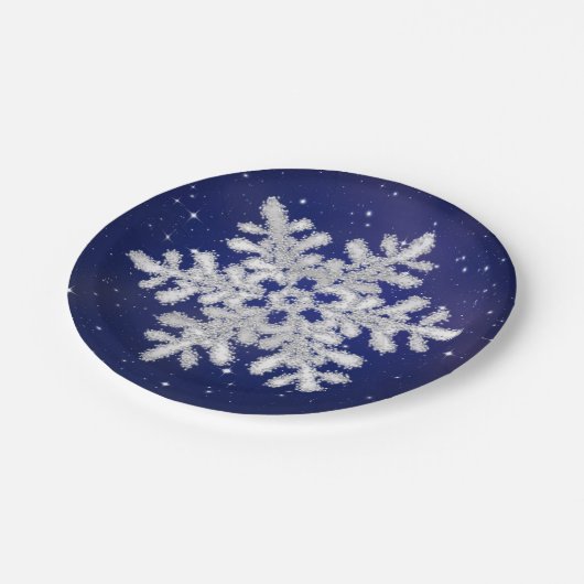 Glitzer Silber Schneeflocke auf Nachtflugpapier Pl Pappteller (Schrägansicht)