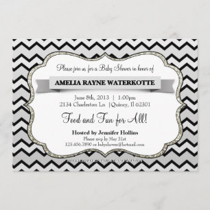 Glitzer-Silber und schwarze Zickzack Baby-Dusche Einladung