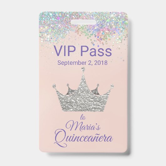 Glitzer Silver Crown Quinceñera VIP Ausweis (Front)