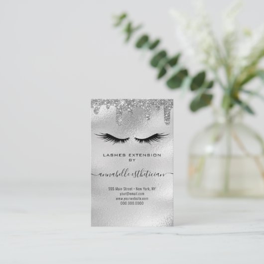 Glitzer Silver Eyelash Extension Client Record Visitenkarte (Stehend Vorderseite)
