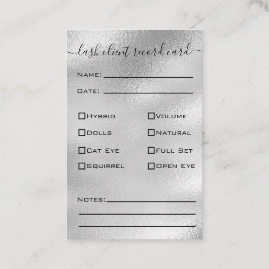Glitzer Silver Eyelash Extension Client Record Visitenkarte (Rückseite)