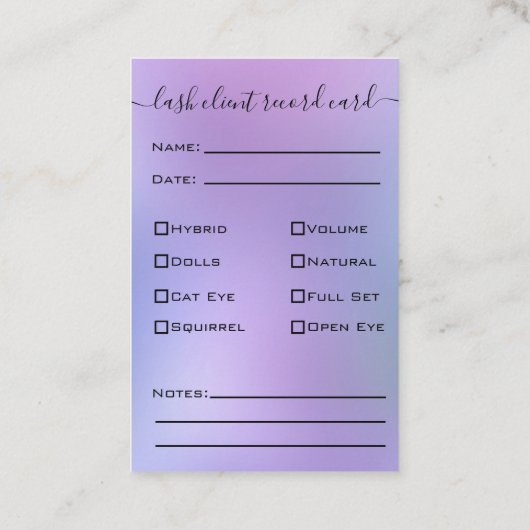 Glitzer Silver Eyelash Extension Client Record Visitenkarte (Rückseite)