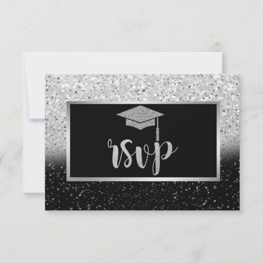 Glitzer Silver Grad Cap, Confetti Graduation Party RSVP Karte (Vorderseite)
