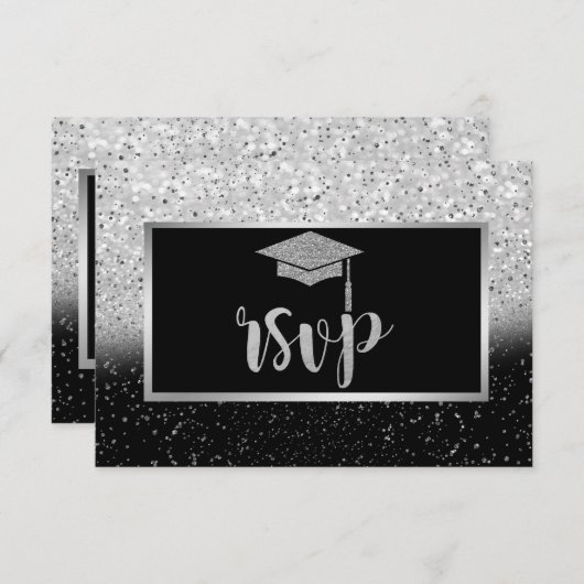 Glitzer Silver Grad Cap, Confetti Graduation Party RSVP Karte (Vorne/Hinten)