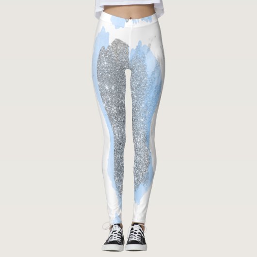Glitzer Silver Gray Blue Pinsel Schlaganfälle Funk Leggings (Vorderseite)