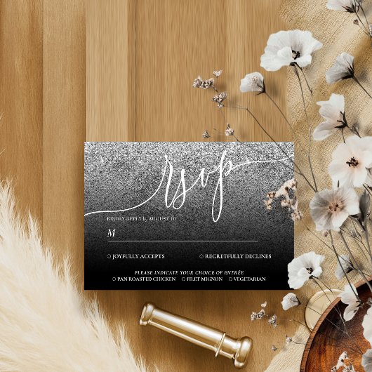 Glitzer Silver Modern Wedding Calligraphy RSVP Karte