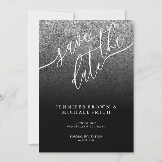 Glitzer Silver Modern Wedding rettet das Datum Save The Date (Vorderseite)
