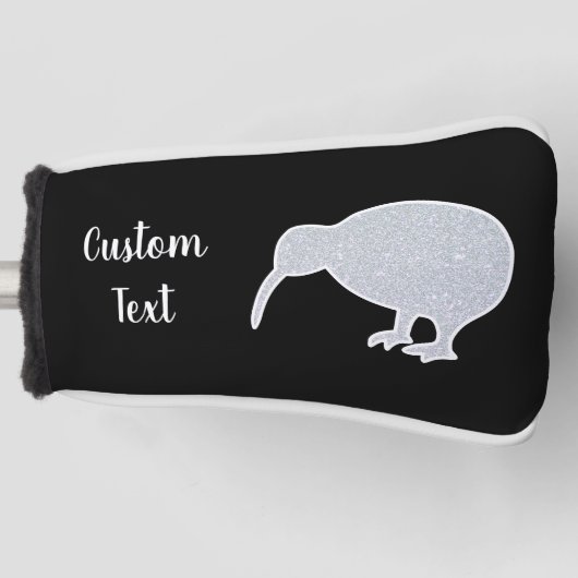 Glitzer Silver NZ Kiwi auf Schwarz, Custom Putter Golf Headcover (Vorderseite)