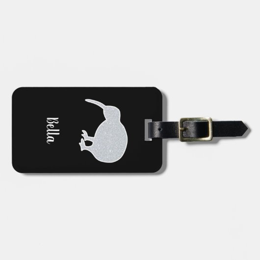 Glitzer Silver NZ Kiwi, Schwarz & Weiß kundenspezi Gepäckanhänger (Vorderseite horizontal)