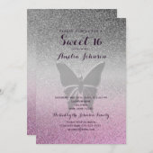 Glitzer Silver Pink Sweet 16 Geburtstag Einladung (Vorne/Hinten)