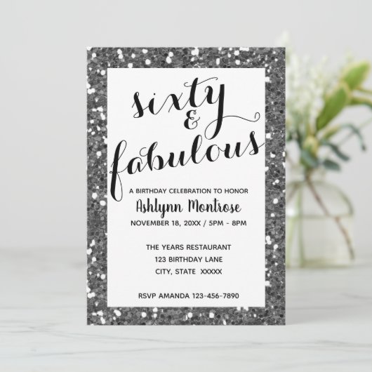 Glitzer Silver Sixty & Fabulous Einladung (Stehend Vorderseite)