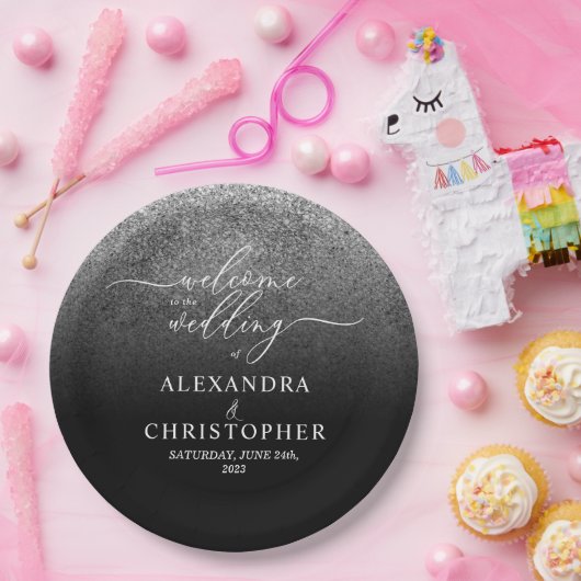 Glitzer Silver Sparkle Herzlich willkommen im Hoch Pappteller (Party)