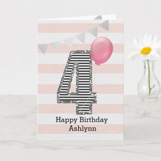 Glitzer Silver und Pink 4. Geburtstag Karte (Kleine Pflanze)