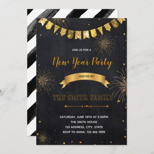 Glitzer Silvester Einladung (Vorne/Hinten)