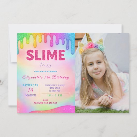 Glitzer Slime Geburtstag Einladung mit Foto (Vorderseite)