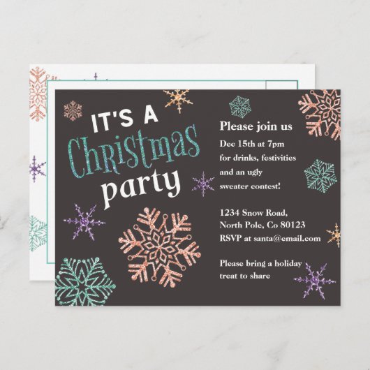 Glitzer Snowflakes Weihnachten Party Einladung Postkarte (Vorne/Hinten)