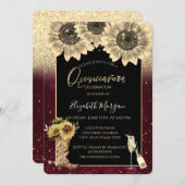 Glitzer Sonnenblumen, Burgund Quinceanera Einladung (Vorne/Hinten)