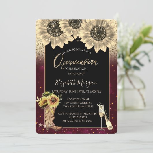 Glitzer Sonnenblumen, Burgund Quinceanera Einladung (Stehend Vorderseite)