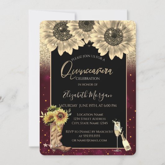 Glitzer Sonnenblumen, Burgund Quinceanera Einladung (Vorderseite)