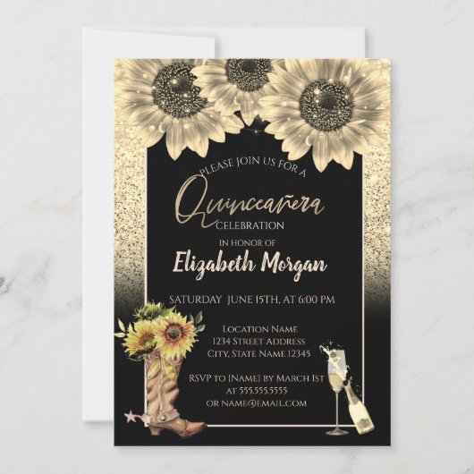 Glitzer Sonnenblumen, Glas rustikale Quinceanera Einladung (Vorderseite)