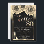 Glitzer, Sonnenblumen, Glass Black 80. Geburtstags Einladung<br><div class="desc">Gold Glitzer,  Champagnerglas,  Tiara und Sonnenblumen auf schwarzem Hintergrund.</div>