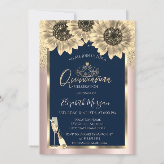Glitzer, Sonnenblumen, Tiara Rose Gold Quinceanera Einladung (Vorderseite)