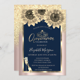 Glitzer, Sonnenblumen, Tiara Rose Gold Quinceanera Einladung