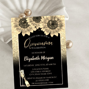 Glitzer Sonnenblumen, Weinglas Quinceanera Einladung