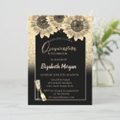 Glitzer Sonnenblumen, Weinglas Quinceanera Einladung (Stehend Vorderseite)