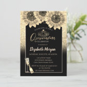 Glitzer, Sonnenblumen, Weinglas Tiara Quinceanera Einladung (Stehend Vorderseite)