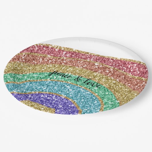 Glitzer Sparkle Gold Rainbow Pappteller (Schrägansicht)