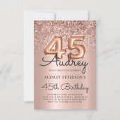 Glitzer Sparkle Rose Gold Ballon 45. Geburtstag Einladung (Vorderseite)