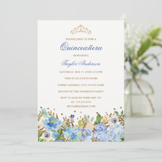 Glitzer Sparkling Blauer Blumenstrauß einladen Einladung (Stehend Vorderseite)