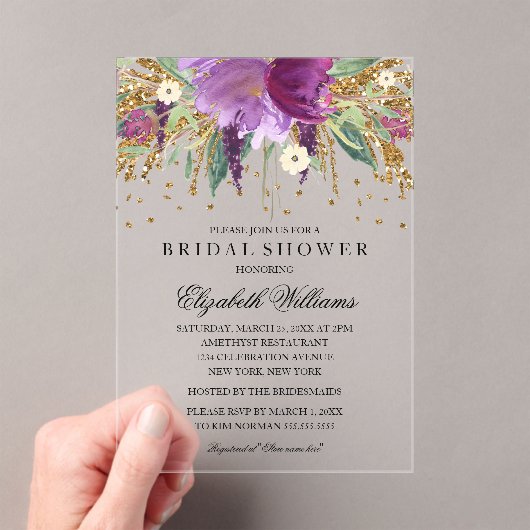 Glitzer Sparkling Floral Amethyst Brautparty Acryleinladungen (Insitu (Handheld))