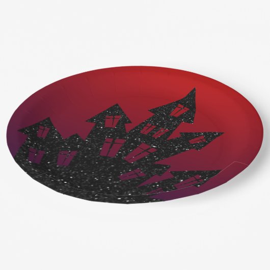 Glitzer Spuk Mansion Halloween Pappteller (Schrägansicht)