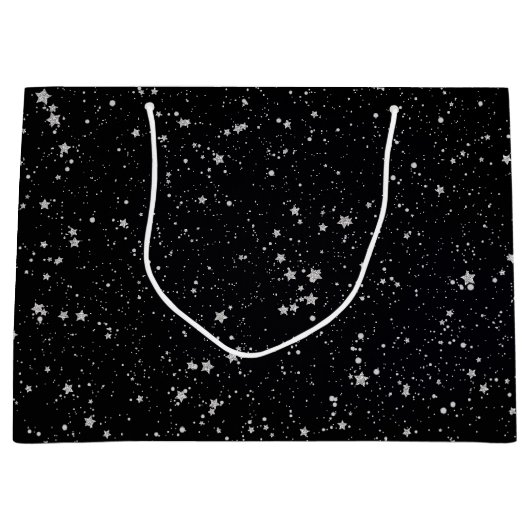 Glitzer Stars2 - Silbernes Schwarzes Große Geschenktüte (Vorderseite)