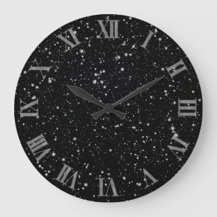 Glitzer Stars2 - Silbernes Schwarzes Große Wanduhr