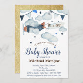 Glitzer, Sterne, Wolken, Flugzeugbabydusche Einladung (Vorne/Hinten)