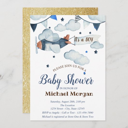 Glitzer, Sterne, Wolken, Flugzeugbabydusche Einladung (Vorne/Hinten)