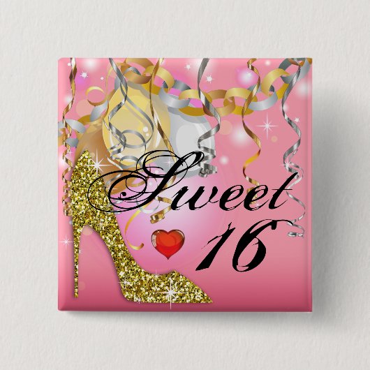 Glitzer-Stilett-Feier für Rosa des Bonbons 16% Button (Vorderseite)