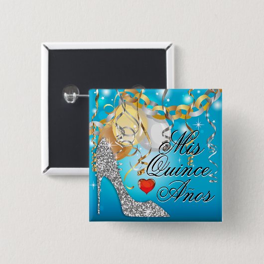 Glitzer-Stilett-Feier Quinceañera Blau Button (Vorne & Hinten)