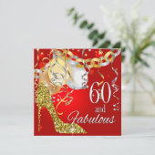Glitzer Stiletto 60. Geburtstag | Rotes Gold Einladung (Stehend Vorderseite)
