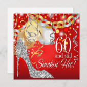 Glitzer Stiletto 60. Geburtstag | rotes Silber Einladung (Vorne/Hinten)