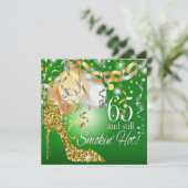 Glitzer Stiletto 65. Geburtstag| grünes Gold Einladung (Stehend Vorderseite)